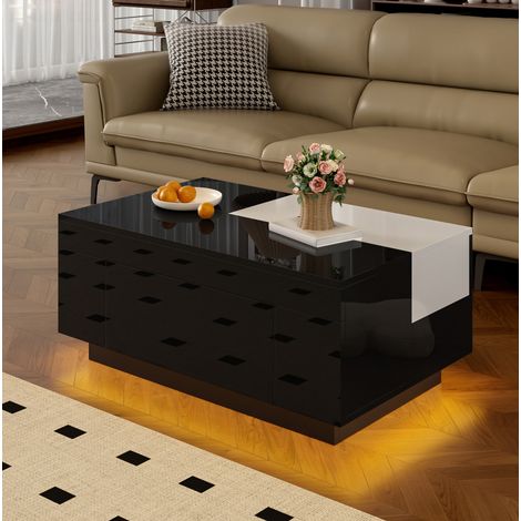 Table basse 80x50x35,5 cm noir et blanc, plateau extensible LED, rangement MDF, MEUBLIV (1/5)