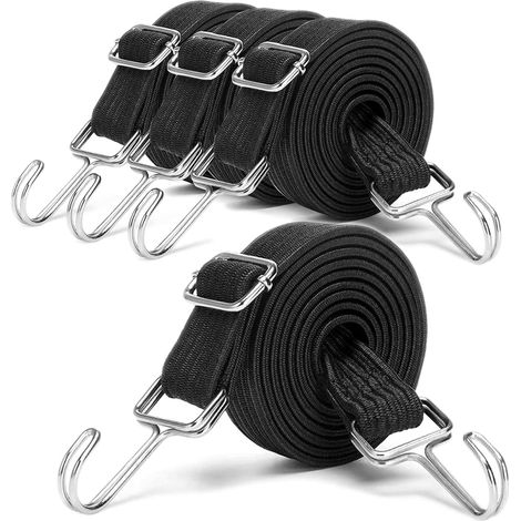 Tendeurs Élastiques, 4 Pièces de 2M, Tendeur de Bagages Élastique, Sangle de Serrage Extra Forte, avec Crochet Métallique, pour Vélo, Moto, Porte-Voiture, Camping (Noir) (1/5)
