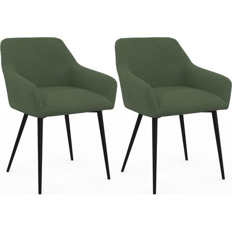 Idmarket – Lot de 2 chaises de salle à manger en velours côtelé kaki – Fauteuils avec accoudoirs – Pieds en métal noir – Confort optimal (1/5)