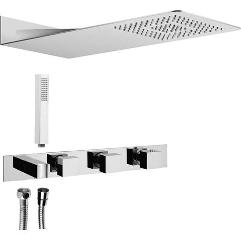 Set de douche à encastrer avec mitigeur thermostatique et support de douche, 2 sorties, carré, chromé (1/2)