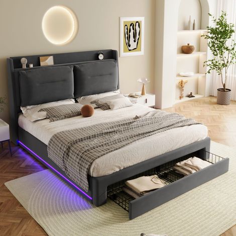 Bett modern 140x190 cm aus Samt in Dunkelgrau mit Kopfteil, hydraulischem Stauraum, Schublade und LED-Beleuchtung (1/5)
