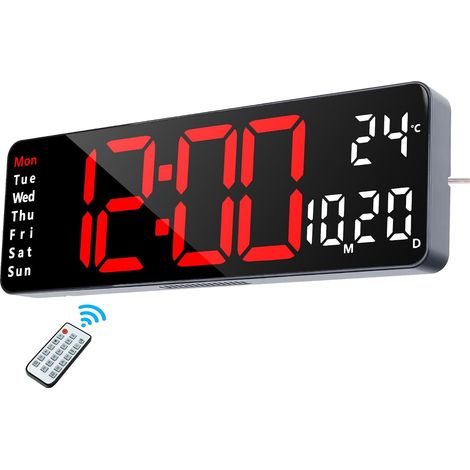 Horloge Murale Numérique LED 32cm - Affichage Rouge avec Télécommande - Température Date Double Alarme - Pour Salon Cuisine Bureau Seniors (1/5)