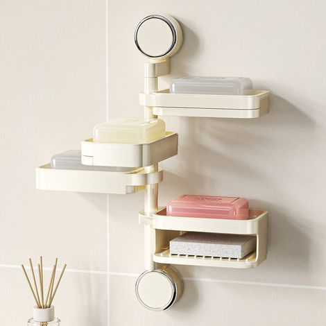 Suction cup soap box rotating punch free wall mounted household soap box with drain box beige (1/3)