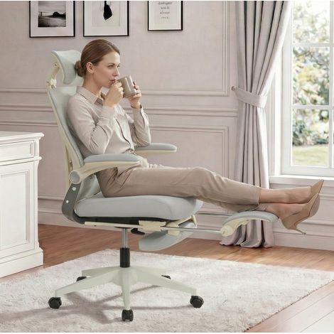 Sedia da ufficio ergonomica grigia con poggiapiedi, poggiatesta 3D e supporto lombare OKMYHOME (1/5)