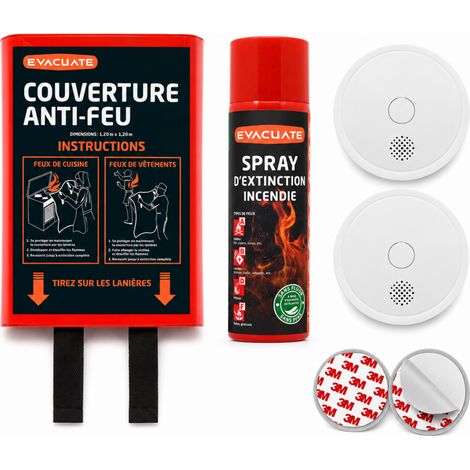 EVACUATE Lot Sécurité Incendie – 2 détecteurs de fumée interconnectables, autonomie 10 ans, garantie 3 ans, fixations magnétiques, couverture anti-feu et spray extincteur (1/5)