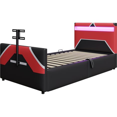 Lit enfant 90200 au style e-sport avec revêtement en similicuir à blocs de couleur, éclairage LED à changement de couleur, rangement hydraulique et support TV intégré, lit gaming multifonctionnel (1/5)