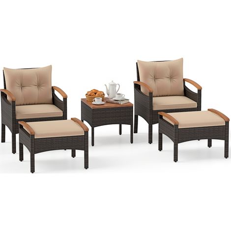 Salon de Jardin en Rotin 5 Pièces, avec 2 Fauteuils 2 Ottomans et Table d'Appoint avec Plateau en Bois d'Acacia, Coussins Amovibles, Brun (1/5)