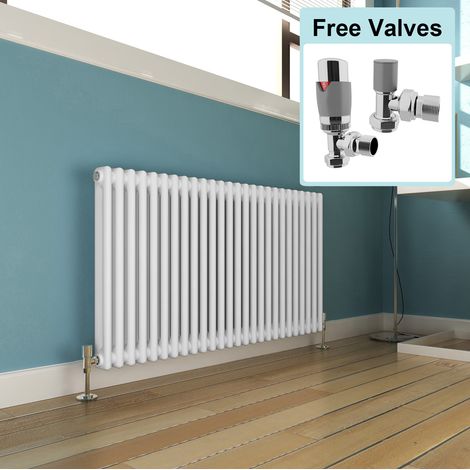 ELEGANT White 600 x 1164 mm Traditional Radiator Cast Iron Style Horizontal Radiator White Double Horizontal Column Radiators + Chrome Thermostatic Radiator Valves (1/5)