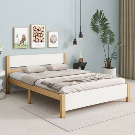 Cama de matrimonio 140x200 cm para adulto, con cabecero y piecero en MDF, en madera de pino, color blanco + natural, sin colchón (1/5)