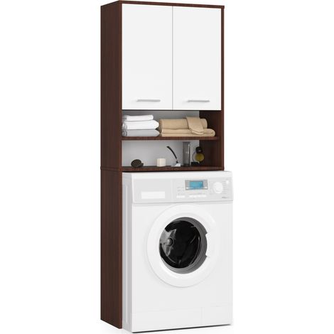 Meuble colonne de salle de bain wengé 64 cm – 2 portes blanches – 4 étagères – Hauteur 180 cm – Panneau stratifié – Abamihome (1/5)
