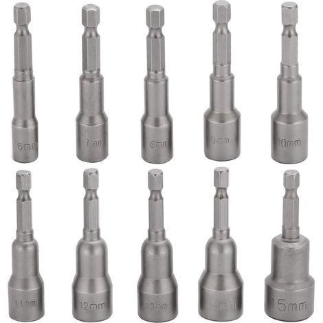 10 Pcs Embout Douille Visseuse à Choc 6-15mm Set Magnétique Hexagonale Douille Jeu de Embout Aimanté Perceuse Prise Hexagonale douille Set 1/4 Pouce pour Mandrin à Changement Rapide (1/4)