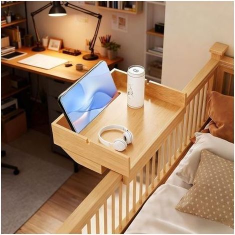 Table de Chevet Suspendue en Bambou, Étagère Murale sans Percage, Plateau de Lit pour Mezzanine, Support Tablette Lit pour Dortoir Universitaire, Couleur Bois avec Fente pour Câbles (1/5)