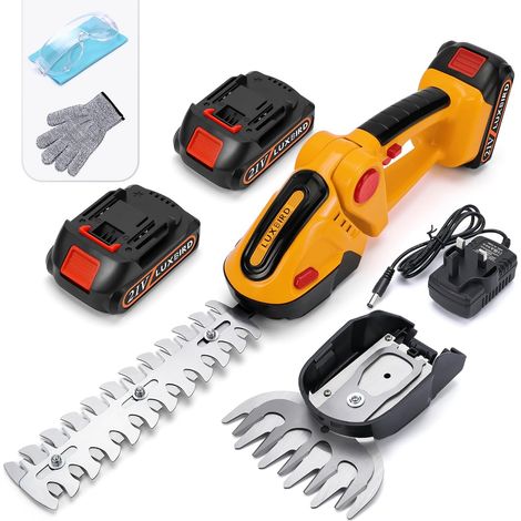 Taille-haie 21V, cisaille à Gazon électrique sans Fil 2 en 1, Coupe-Herbe à Main IP67 étanche, avec 2 Lames remplaçables et 2 Piles Rechargeables Jaune (1/5)