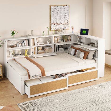 DESVIAE Lit banquette enfant en bois avec rangements et ports de charge 90 x 200 cm blanc (1/5)