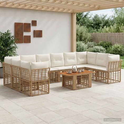 vidaXL Set Divano da Giardino 11 pz Naturale e Bianco Crema polyrattan (1/5)