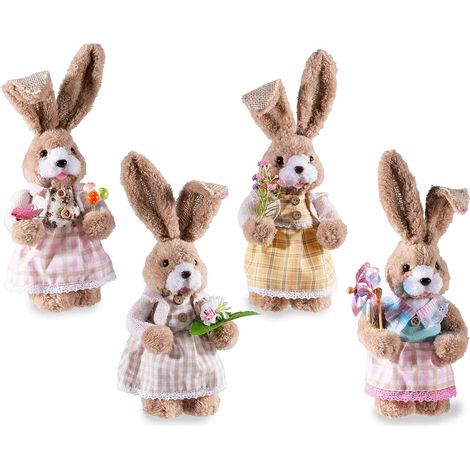 Coniglietti pasquali in peluche con abito a quadretti e decoro in mano, set da 4 pezzi, cm15x11x33H (orecc.estese)
