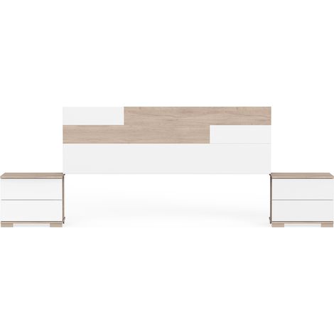 Ensemble 2 tables de chevet + tête de lit coloris effet bois / blanc - Hauteur 105 x Longueur 212 x Profondeur 36 cm -PEGANE-