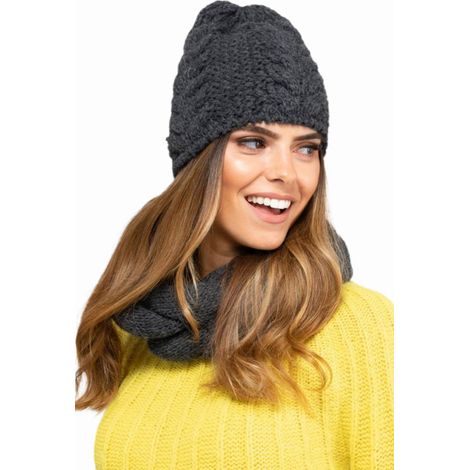 Ensemble bonnet et snood tressés Idaho, couleur graphite (1/3)