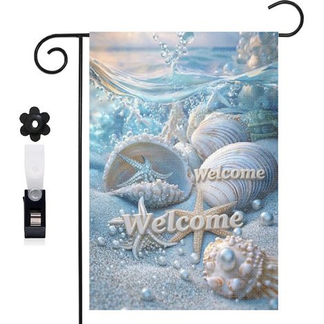 Drapeau de jardin décoratif 30 x 45 cm motif coquillages marins et escargots de mer toile double face résistante (1/5)