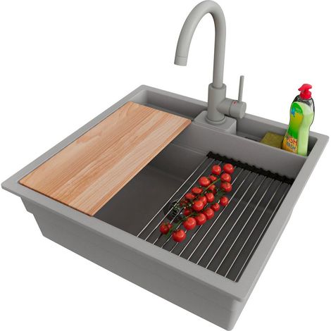 PRIMAGRAN Evier Sous Plan 56x54cm,Evier en Granit 1 bac + Robinet 32x20cm + Kit de Vidage + Accessoires, Évier au meuble 60cm - Bergen Pocket, Gris