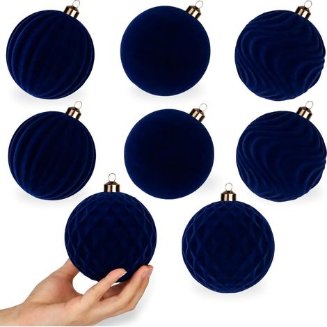 Lot de 8 boules de Noël en velours de 10,2 cm, décoration floquée bleu (1/5)