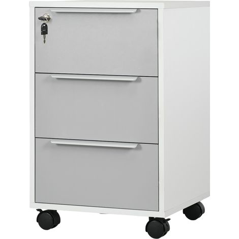 Abschließbarer Aktenschrank mit 3 Schubladen auf Rollen, 40 x 40 x 63,5 cm, weiß/grau