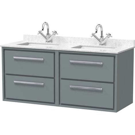 Balterley Longnor 1200mm Wall Hung 4 Drawer Vanity Unit with Double Marble Basins - Coastal Grey