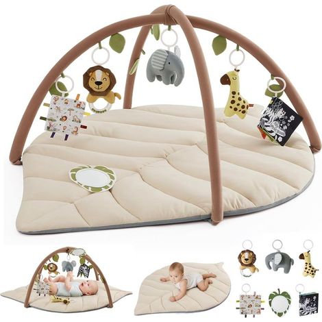 Spielmatte für Babys mit abnehmbarem Bogen, Blattform, Aktivitätsmatte mit 6 Spielzeugen – fördert die sensorische und motorische Entwicklung, für Kinder, Mädchen und Jungen, Beige-Hafer (1/4)