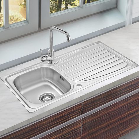 JASSFERRY 950 x 500 mm Kitchen Sink Inset Stainless Steel 1 Bowl Reversible Drainer with Waste Pipes Clips