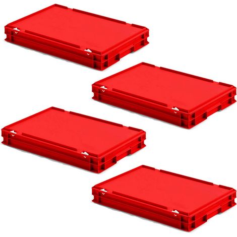 BRB 4 Boites Rangement avec Couvercle à Charnière et Fermetures Coulissantes - Dimensions : 600 x 400 x 85 mm - Rouge