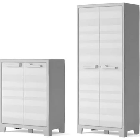 set 2 armadi alto e basso keter "maximo" in polipropilene grigio 80x44x100/182 cm
