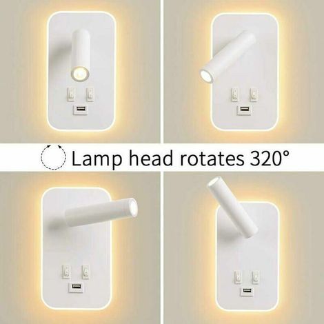 Applique Murale Led, Liseuse De Chevet Avec Interrupteur, Port De Charge Usb, Réglable (Lumière Naturelle 3 W + Lumière Chaude 10 W) Blanc (1/3)