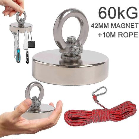 Aimant de récupération puissant de 60 kg pour la pêche au trésor en néodyme avec corde (1/4)