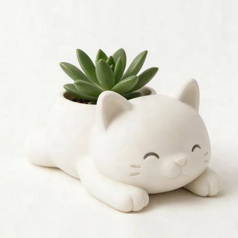 (BLANC) Pot de fleurs chat couché (1 pièce), décoration pour salon, table ou entrée, jardinière familiale créative pour plantes succulentes (1/4)