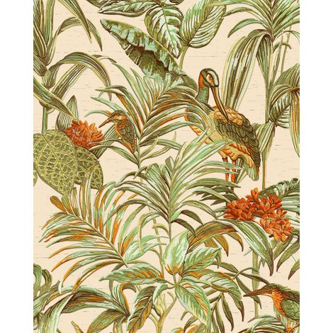Vogel Tapete Profhome DE120013-DI heißgeprägte Vliestapete geprägt mit Vogel-Muster glänzend creme grün orange 5,33 m2