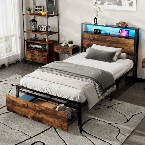 3FT Metal Bed with LED Strip,Drawer,2 USB&1 Type-C Ports,Sturdy Design for Teens&Adults,Black/Walnut (1/5)