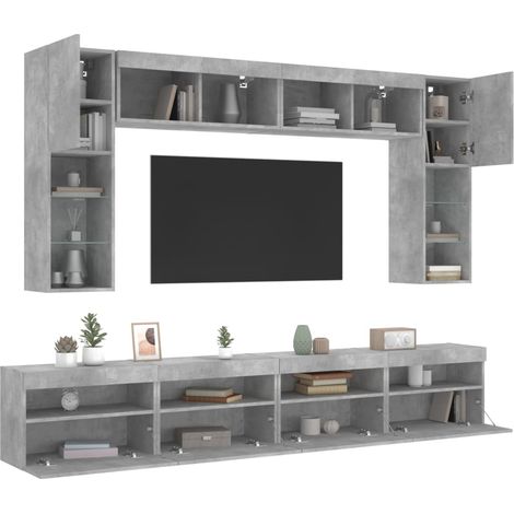Set Mobili TV a Muro 8 pz con Luci LED Grigio Cemento (1/5)