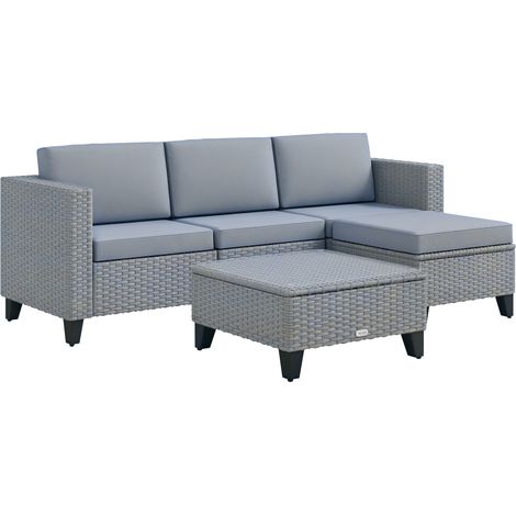 5-Piece Rattan Patio Furniture Set with Corner Sofa, Footstools, Coffee Table, for Poolside, Grey (1/5)
