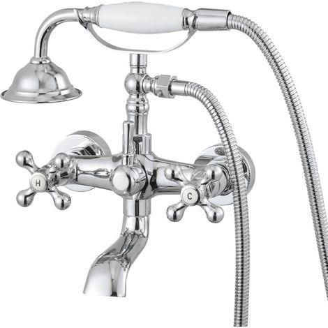Robinet de baignoire sur pattes avec douchette à main, ensemble de robinet de remplissage de baignoire en chrome poli vintage, montage mural, avec bras pivotants réglables et bec pivotant à 360° (1/5)