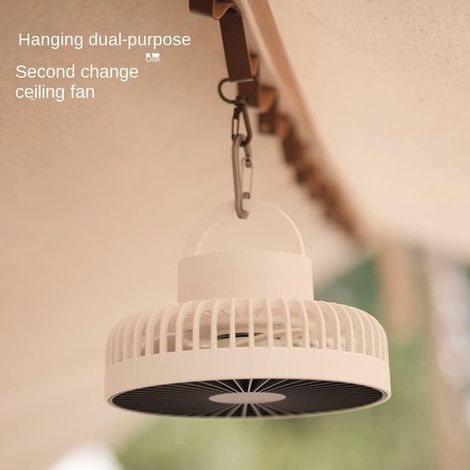 Ventilatore da campeggio - Ventilatore da tenda - Ventilatore portatile - Ricaricabile tramite USB - Con supporto - Con gancio - Tre velocità del vento - 4000 mAh - Grigio scuro (1/5)