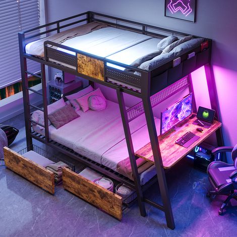 Lit superposé en métal 90×200, lit enfants, avec bureau gaming avec prises électriques, ports USB et Type-C, LED, 2 tiroir, noir (1/5)