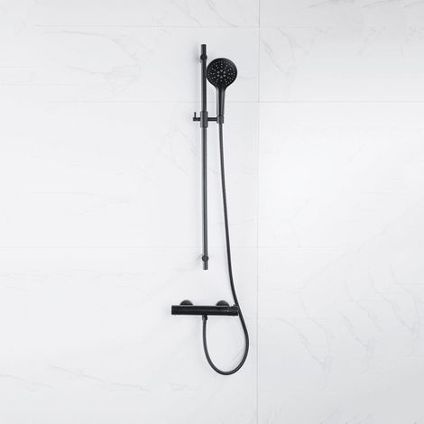 FugaFlow Eccelente Sobrado Ensemble de douche barre curseur avec douchette ronde, flexible en métal et robinet de douche Noir mat (1/4)