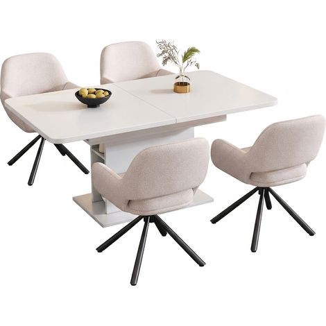 Ensemble table ronde et 4 chaises, table à manger ronde de 100 cm effet bois marron, sièges blancs en similicuir (1/5)