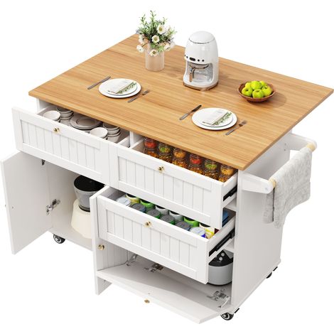 Îlot de cuisine moderne, buffet avec rangement, meuble vaisselier blanc à veines bois, table multifonction extensible avec espaces de stockage, chariot de service à tiroirs coulissants (1/5)