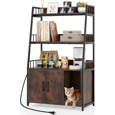 COSTWAY Mobile Lettiera per Gatti 80 x 40 x 132 cm, Credenza Soggiorno con Ripiani di Stoccaggio, Tiragraffi per Gatti, 2 Prese AC e Cuccia, Armadio Salvaspazio per Cuccia e Ingresso (Marrone) (1/5)