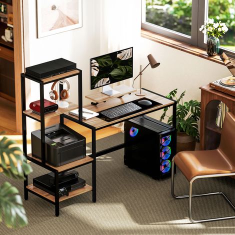 Escritorio para ordenador con soporte para monitor, escritorio con estante de 4 niveles, diseño industrial, marrón. (1/5)