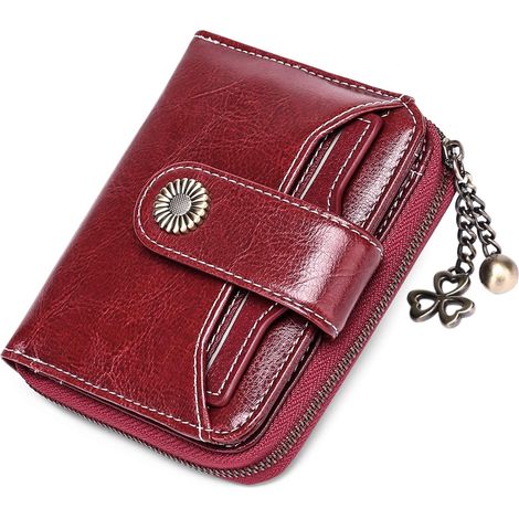 Petit portefeuille compact en cuir pour femme avec protection RFID (vin rouge)