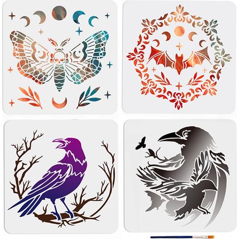 Lot de 4 pochoirs de divination en forme de branche de corbeau avec pinceau pour Halloween, phases de lune, chauve-souris, 30 × 30 cm, pour bois, tissu, mur, fenêtre, loisirs créatifs (1/5)