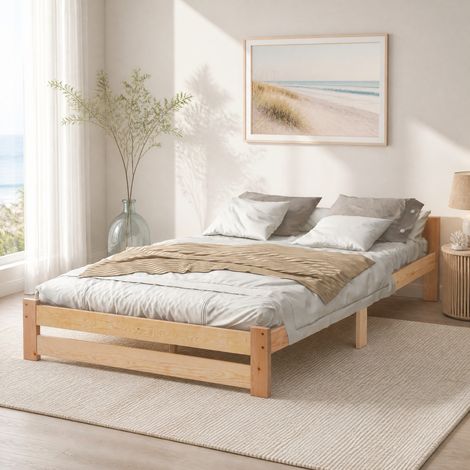 Letto futon 140x200 cm naturale in legno massello di pino con testiera e rete a doghe (1/5)