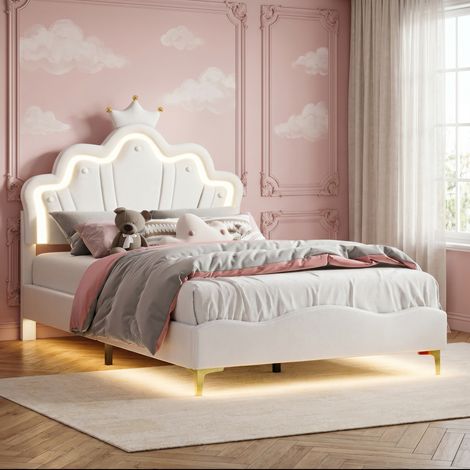 Lit double 140x190cm pour enfant, Tête de lit princesse avec couronne, Lit rembourré avec sommier à lattes, Bandes lumineuses LED réglables, PU, Blanc (1/5)